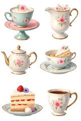 Porcelain cups and teapot with cake desserts set