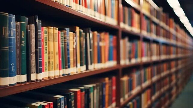 A detailed perspective of a library's extensive bookshelves filled with assorted vintage books.