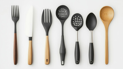 "Set of kitchen utensils neatly arranged on a light background, showcasing a modern and functional kitchen aesthetic."