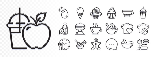 Gingerbread man, Food delivery and Cooking timer line icons for web app. Glare of light effect. Message icon. Pack of Ice cream, Grill, Love cooking pictogram icons. Vector