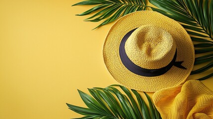 Straw hat on bright yellow background with palm leaves as high resolution tropical wallpaper illustrating minimal summer vacation and warm sunny ambiance lifestyle