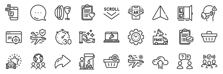 Washing hands, Communication and Laptop repair line icons pack. Share, Message, Paper plane icons. Timer, Airplane travel, Global business web icon. Vector