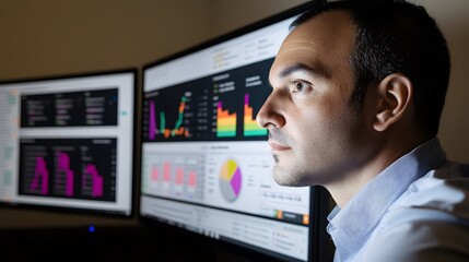Data Analyst: A focused individual intently studies complex data visualizations on a dual-screen setup, illuminated by the soft glow of technology, symbolizing analytics and decision-making.