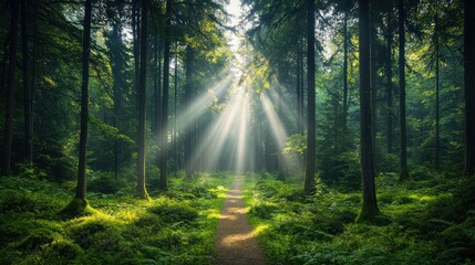 Sunbeams in a dense forest