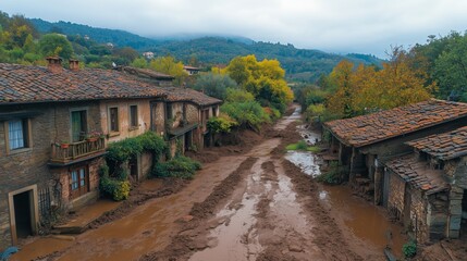 Fototapeta premium A peaceful ancient hamlet disturbed by a sudden mudslide, nature's surprise in earth tones