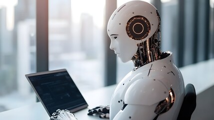 The Future is Now: An advanced android, illuminated by the soft glow of sunlight, engaged in deep thought over a sleek digital tablet.