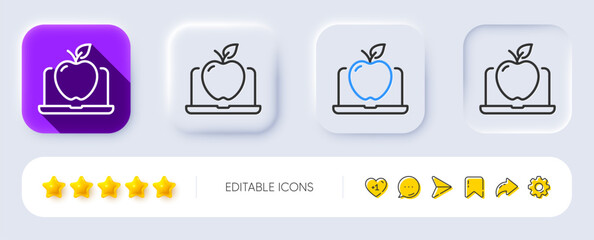 Laptop line icon. Neumorphic, Flat shadow, 3d buttons. Notebook with apple fruit sign. Online diet menu symbol. Line laptop icon. Social media icons. Vector