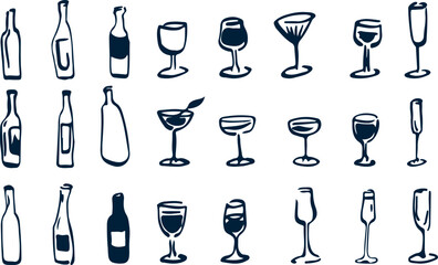 Vector doodle illustration of glasses and bottles