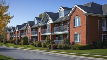 Charming apartment buildings lined along a street.  Well-maintained,  brick structures with balconies.  Fall foliage adds to the appeal