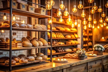 Fototapeta premium Warm Bakery Interior with Bokeh Lights, Cozy Atmosphere, Wooden Shelves, Delicious Bread