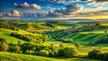 Fototapeta premium Volyn Region, Ukraine: Lush Green Fields and Rolling Hills - Scenic Countryside Stock Photo