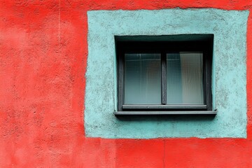 赤と青のコントラストが印象的な窓がある壁
