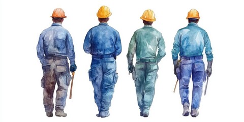 National Third Shift Workers Day Watercolor painting of four workers in blue and green uniforms with yellow hard hats