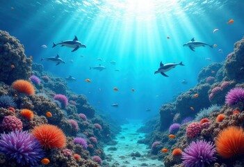Fototapeta na wymiar vibrant colorful coral reefs teeming diverse marine life underwater ecosystem, fish, anemone, seaweed, snorkeling, tropical, habitat, seaurchin, octopus
