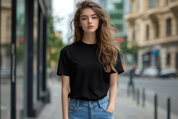 A young woman with long, wavy hair is standing on a city street, facing forward and slightly to the side. She wears a plain black t-shirt mockup and blue jeans, with her hands in her pockets