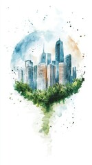 Fototapeta premium World Facilities Management Day Watercolor skyline with greenery encircling cityscape