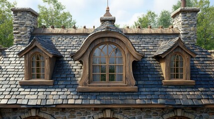 Obraz premium Charming stone cottage roof with decorative dormers