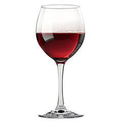 Classic red wine in an elegant wine glass, deep ruby color with soft reflections, isolated on a white background.