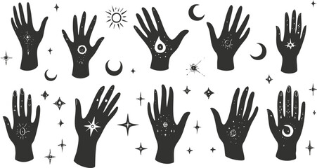Fototapeta premium Black silhouette hands with celestial symbols and stars on white background.