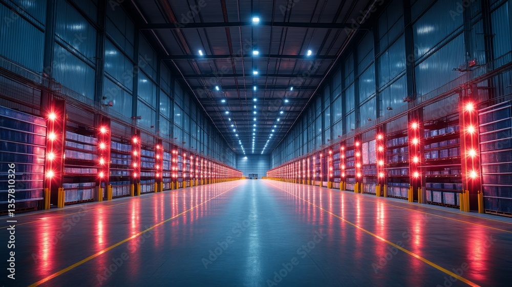 Poster bright lighting fills a spacious warehouse designed for logistics and distribution. the orderly aisl