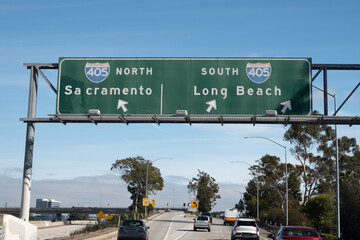 Los Angeles freeway ramp signs at the Santa Monica 10 freeway and the San Diego 405 freeway interchange.