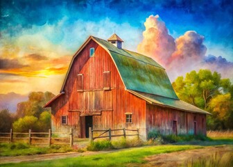 Obraz premium Watercolor Style Barn Portrait Photography: Rustic Charm and Pastoral Beauty