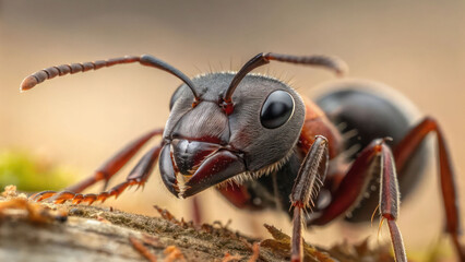 A highly detailed macro photograph of an ant’s face, focusing on its glossy, reflective eyes, segmented antennae, and powerful mandibles, set against a softly blurred natural background.