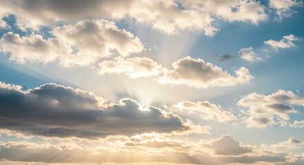 Obraz premium Dramatic Sunbeams Breaking Through Cloudscape Heavenly Golden Hour Light Sky Texture