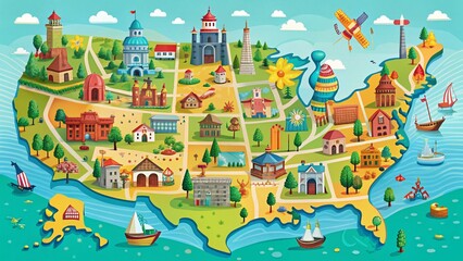 Whimsical Cartoon America Map: Architectural Photography Style