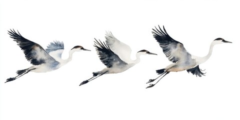 Obraz premium World Migratory Bird Day Elegant watercolor painting of three graceful flying cranes on white background