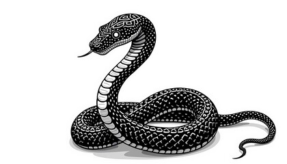 Intricate black and white snake illustration with detailed patterns.