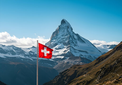symbol of switzerland: swiss flag with breathtaking view of the matterhorn

