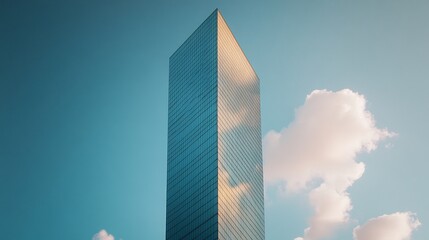 Single minimalist skyscraper with sleek mirrored surfaces blending into the skyline
