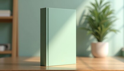 Minimalist green book on wooden desk with plant in soft natural light.