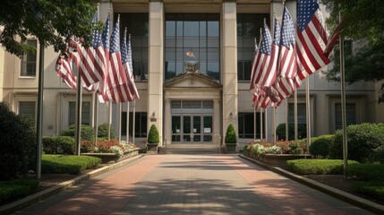 The Veterans Affairs headquarters with a stately design and American flags lining the entrance