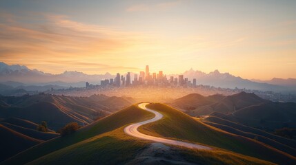 Sunrise over a winding road leading to a city