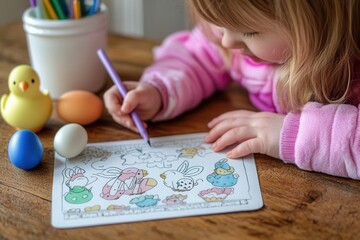 A young girl is focused on creating a colorful drawing in her coloring book, showcasing her creativity and imagination with vibrant colors.