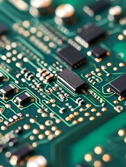 Obraz premium Close Up Detailed Green Circuit Board Technology Image High Resolution Electronic Components Microchip Hardware Digital PCB Technology Background 