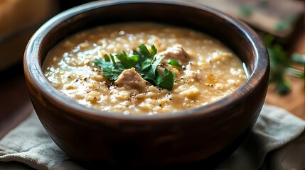 Serving of Hearty Chicken Soup in a Wooden Bowl with Parsley