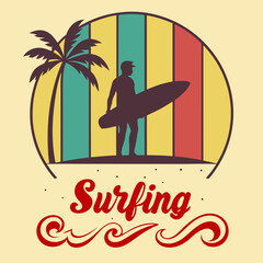 Summer Surfing Silhouette with Palm Trees and Golden Sunset Background for Beach and Surf Lifestyle Designs