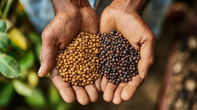 World Fair Trade Day Hands holding coriander and pepper seeds in garden setting - Powered by Adobe