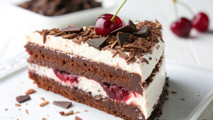 An extreme close-up of a Black Forest cake slice, highlighting the fine details of the creamy layers, juicy cherries, and chocolate flakes, perfectly lit on a bright white surface.