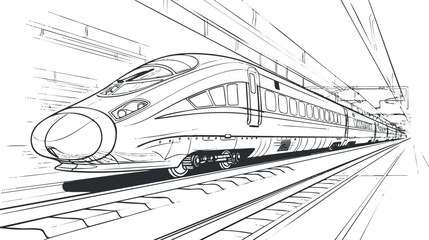 Black and white sketch of a high-speed train at a railway station.