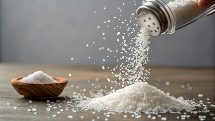 A pinch of salt being thrown, with crystals scattering.