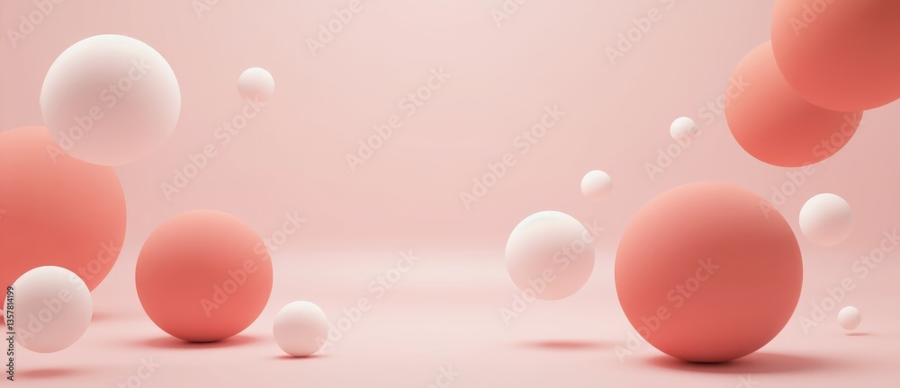 Poster Soft pastel colors create an abstract composition with floating spheres in various sizes against a minimalist backdrop
