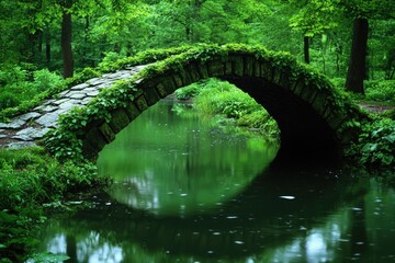 Mossy stone arch bridge over tranquil green water in lush forest