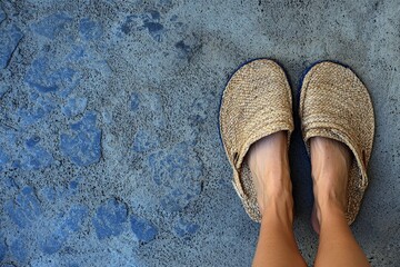 Naklejka premium Straw slippers on blue rustic floor topview image representing comfort home lifestyle relaxation minimalism domestic calm tone in morning freshness wallpaper