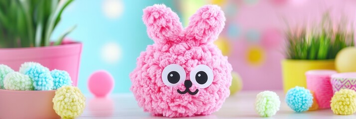 A cute pink bunny with a friendly face sits beside a pink potted plant, creating a charming and vibrant scene of playful decor.