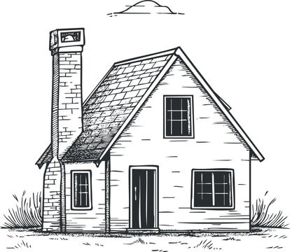 recommend clip art: Black and white sketch of a small house with chimney and windows.