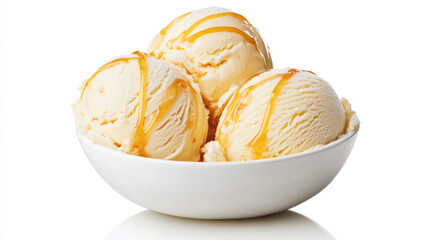 Three scoops of vanilla ice cream, drizzled with caramel sauce, in a white bowl
